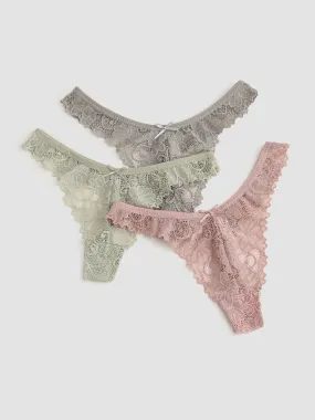  3pcs Thong en dentelle florale à taille moyenne