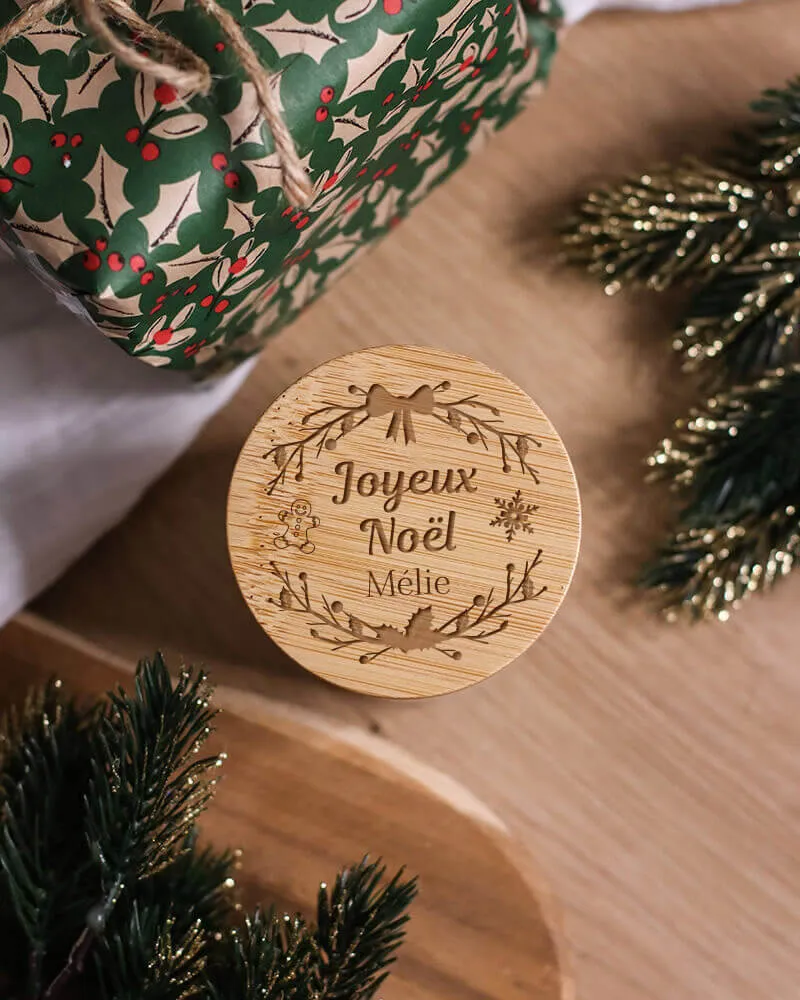 Bougie Noël avec couvercle bambou personnalisé - Joyeux Noël