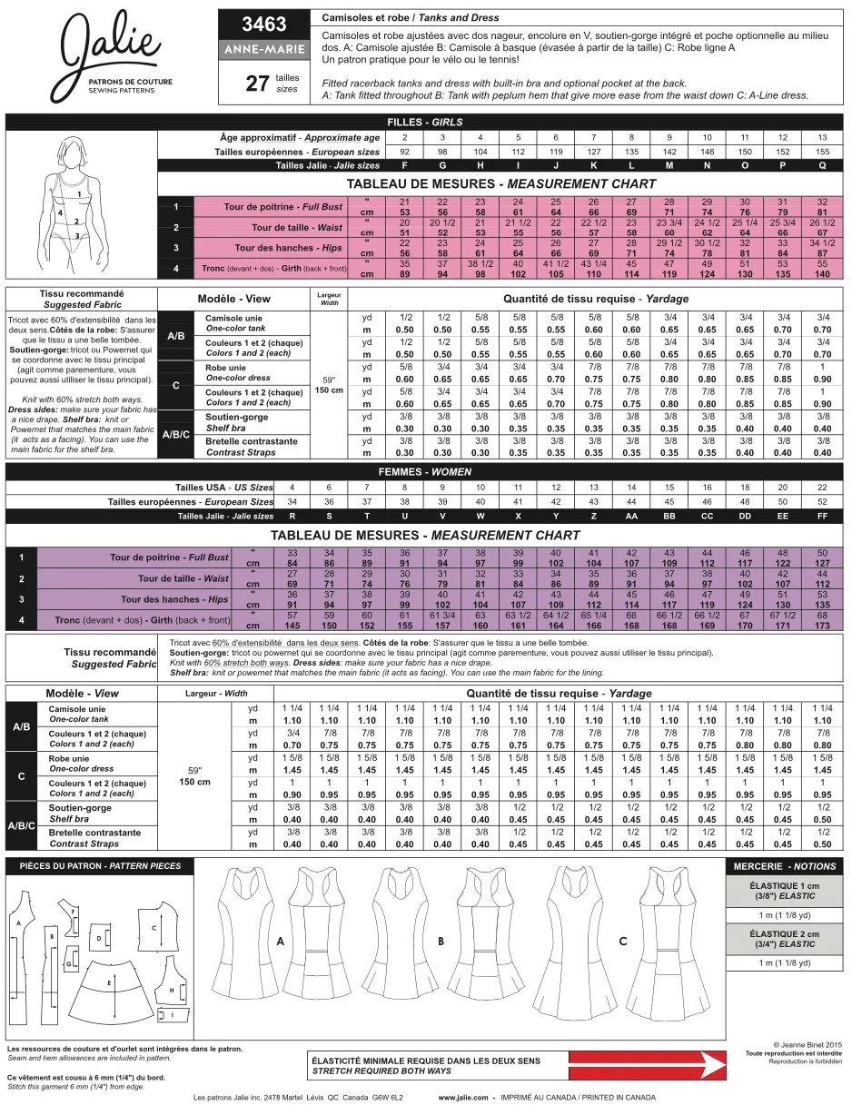 Patron de couture papier - Camisoles et robe ANNE-MARIE 3463 | Jalie