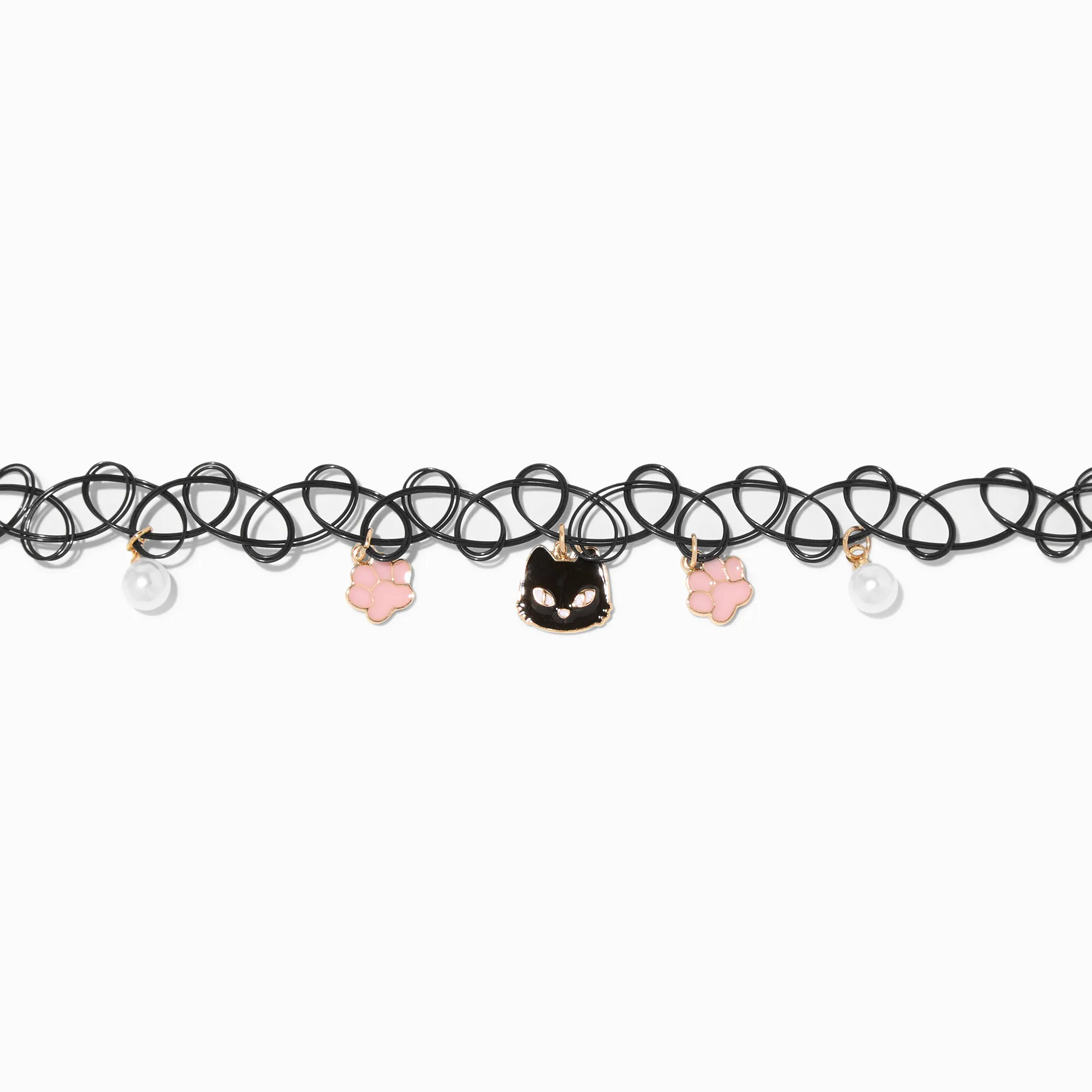 Ras-de-cou effet tatouage d’humeur breloque pattes roses chat noir