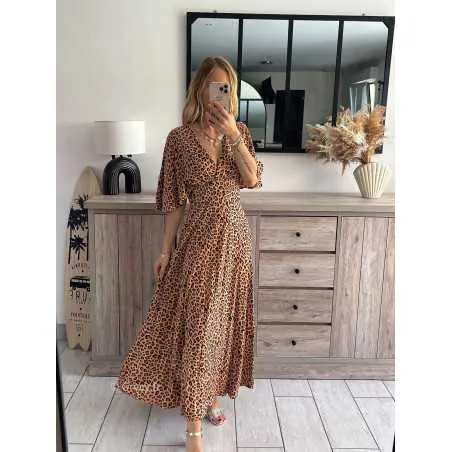 Robe longue léopard manches courtes