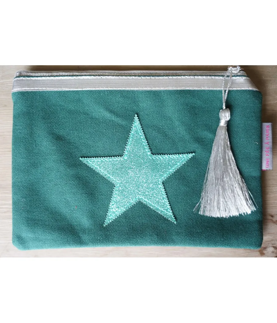 SANTAIA POCHETTE VERTE ETOILE BRILLANTE VERTE ET POMPON ARGENT